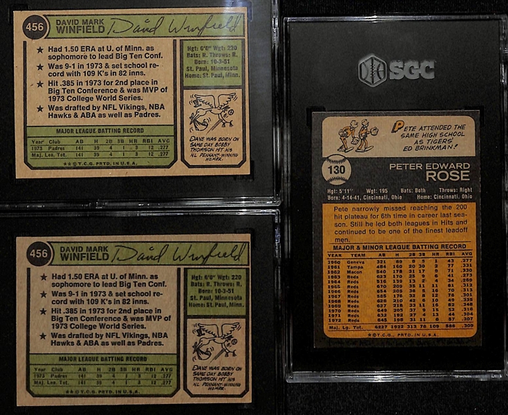 Lot of (2) 1974 Topps Dave Winfield Rookies SGC 7 & 4, & 1973 Topps Pete Rose SGC 6.5