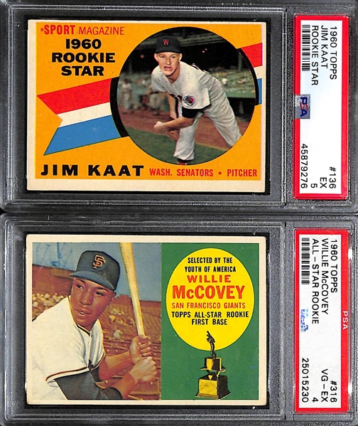 Lot of (2) PSA Graded 1960 Topps Baseball Hall of Fame Rookies- Jim Kaat (PSA 5) and Willie McCovey (PSA 4)