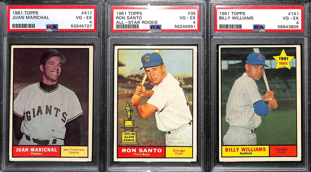 Lot of (3) PSA Graded 1961 Topps Baseball Hall of Fame Rookies- Juan Marichal (PSA 4), Ron Santo (PSA 4), Billy Williams (PSA 4)