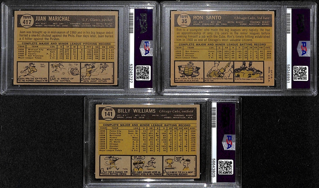 Lot of (3) PSA Graded 1961 Topps Baseball Hall of Fame Rookies- Juan Marichal (PSA 4), Ron Santo (PSA 4), Billy Williams (PSA 4)