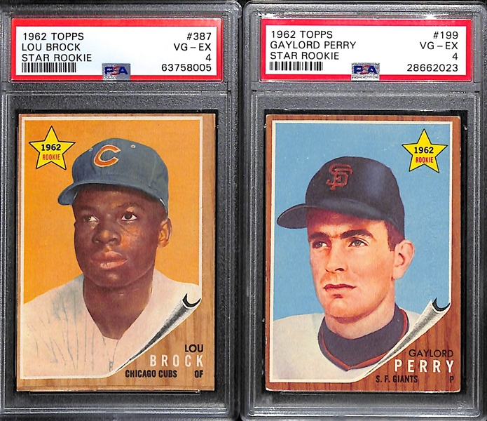 Lot of (2) PSA Graded 1962 Topps Baseball Hall of Fame Rookies- Lou Brock (PSA 4) and Gaylord Perry (PSA 4)