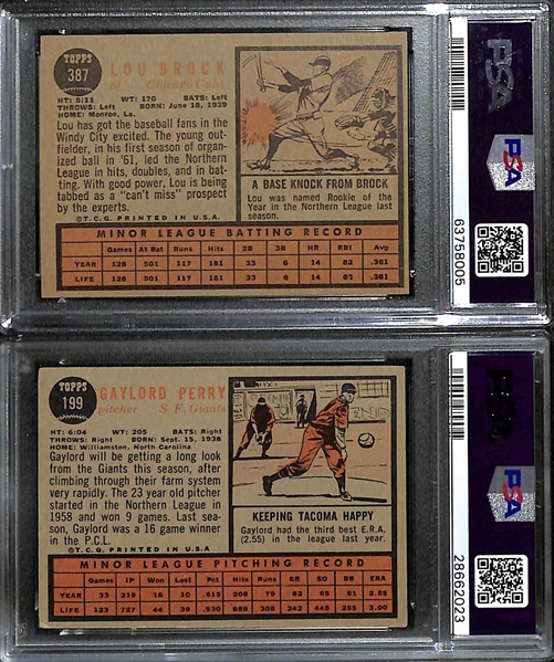 Lot of (2) PSA Graded 1962 Topps Baseball Hall of Fame Rookies- Lou Brock (PSA 4) and Gaylord Perry (PSA 4)