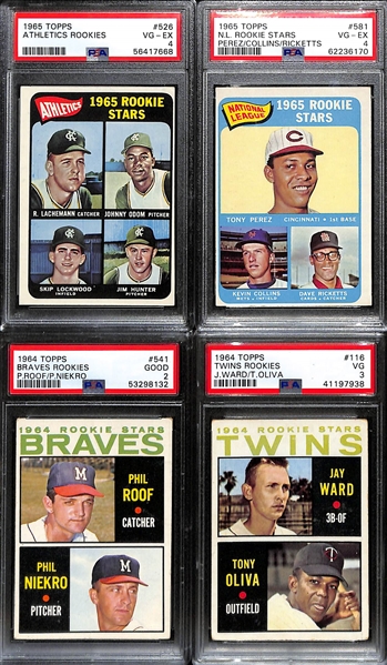 Lot of (4) PSA Graded 1964 and 65 Topps Baseball Hall of Fame Rookies- Catfish Jim Hunter (PSA 4), Tony Perez (PSA 4), Phil Niekro (PSA 2), Tony Oliva (PSA 3)