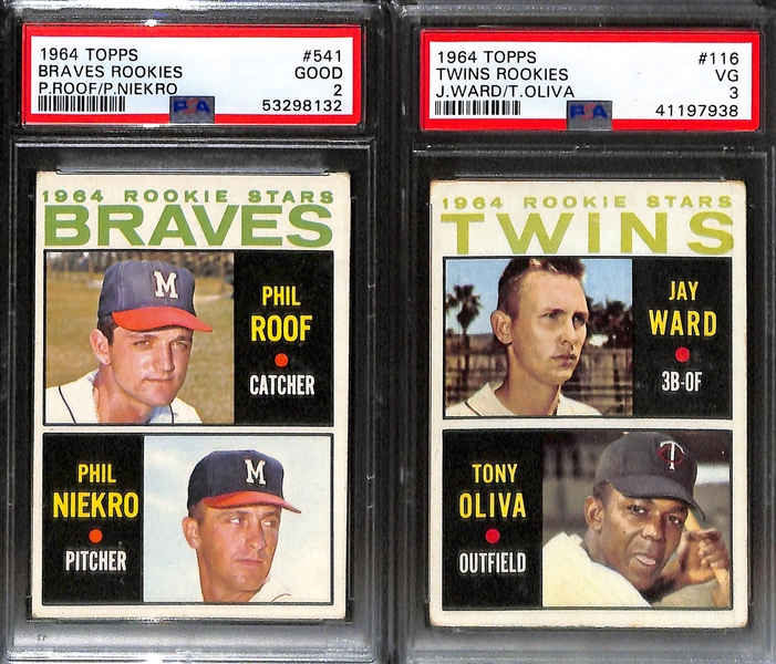 Lot of (4) PSA Graded 1964 and 65 Topps Baseball Hall of Fame Rookies- Catfish Jim Hunter (PSA 4), Tony Perez (PSA 4), Phil Niekro (PSA 2), Tony Oliva (PSA 3)