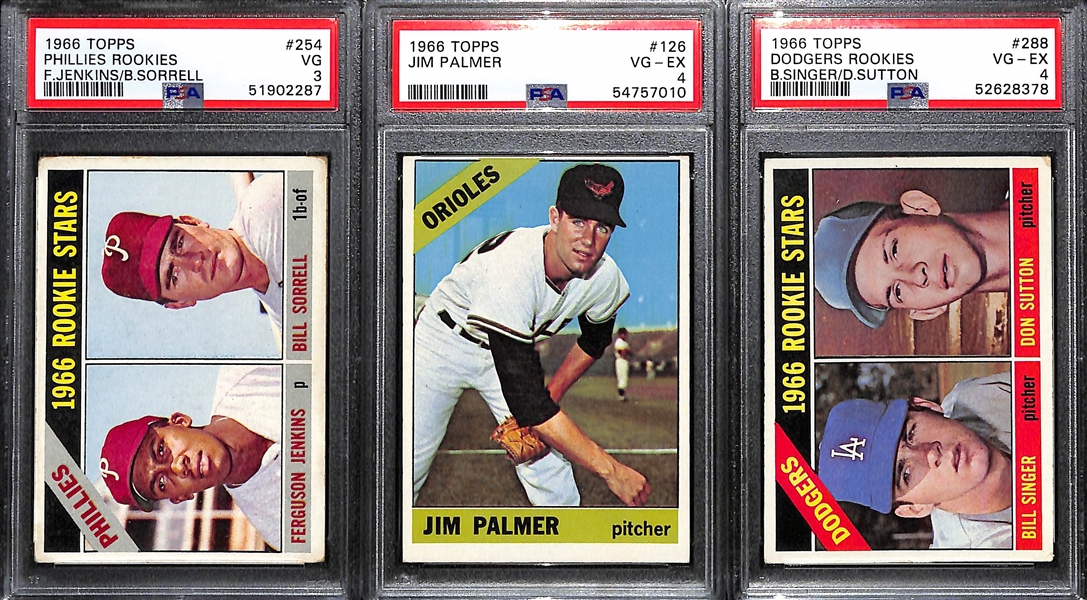 Lot of (3) PSA Graded 1966 Topps Baseball Hall of Fame Rookies- Fergie Jenkins (PSA 3), Jim Palmer (PSA 4), Don Sutton (PSA 4)