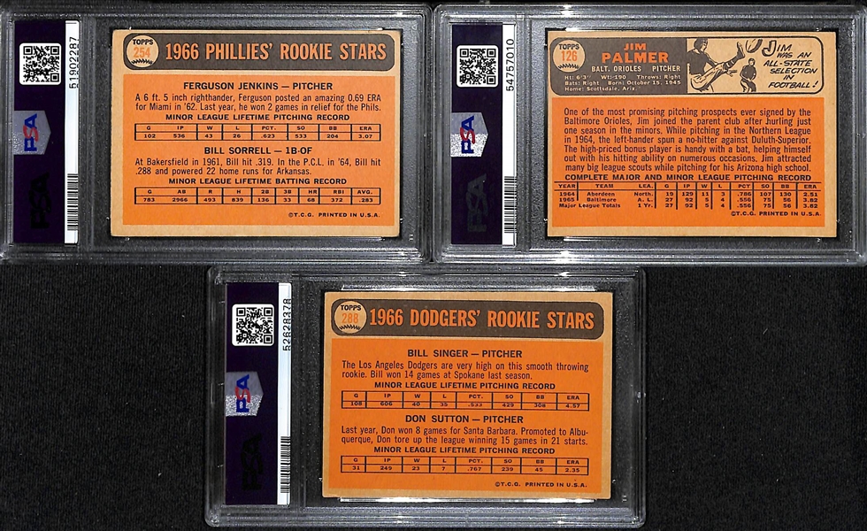 Lot of (3) PSA Graded 1966 Topps Baseball Hall of Fame Rookies- Fergie Jenkins (PSA 3), Jim Palmer (PSA 4), Don Sutton (PSA 4)