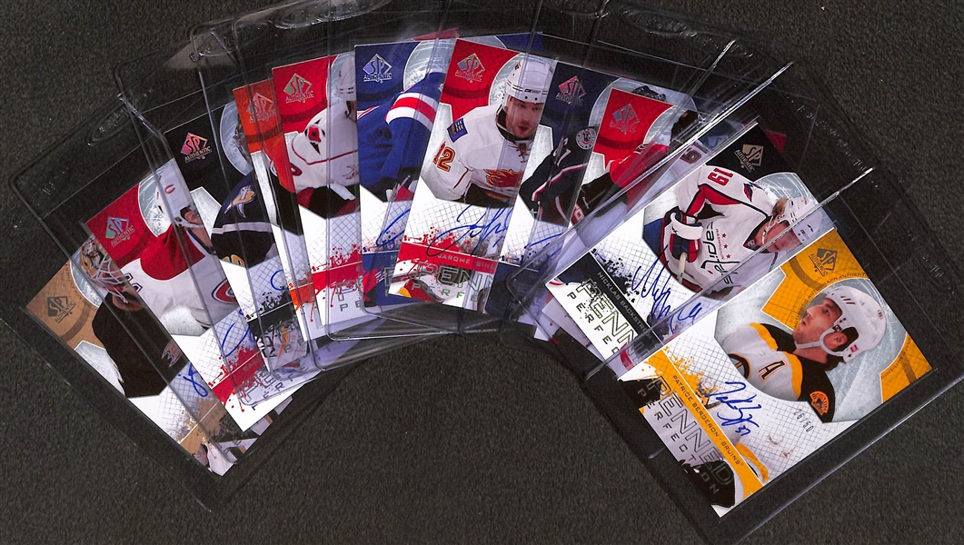 Lot of (12) 2008-09 SP Authentic Penned Perfection Autographs e/ (#/50) inc. Patrice Bergeron, Nicklas Backstrom, Joe Thornton, Dany Heatley, Rick Nash, +