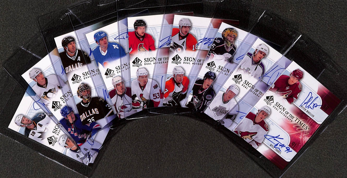 Lot of (9) 2008-09 SP Authentic Sign of the Times Dual Autographs inc. Joe Thornton/Vincent Lecavalier, Jordan Staal/Marc Staal, Mike Modano/Marty Turco, +