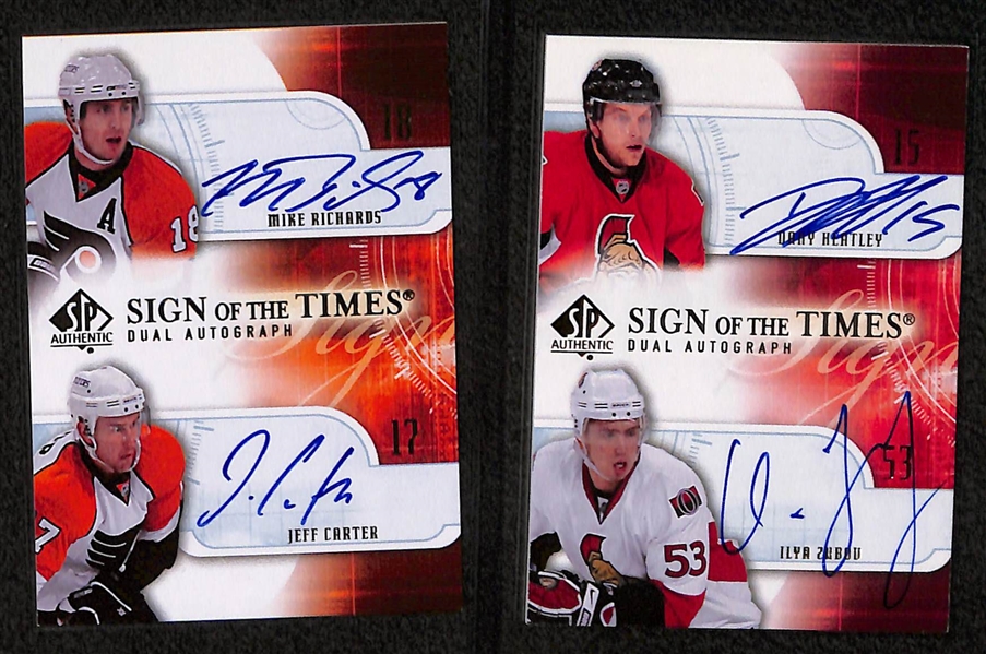 Lot of (9) 2008-09 SP Authentic Sign of the Times Dual Autographs inc. Joe Thornton/Vincent Lecavalier, Jordan Staal/Marc Staal, Mike Modano/Marty Turco, +