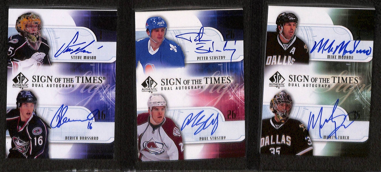 Lot of (9) 2008-09 SP Authentic Sign of the Times Dual Autographs inc. Joe Thornton/Vincent Lecavalier, Jordan Staal/Marc Staal, Mike Modano/Marty Turco, +