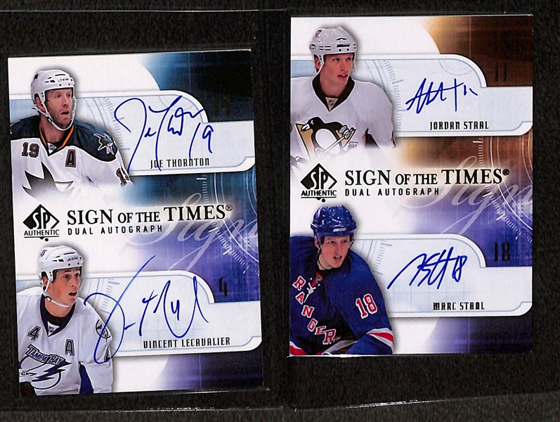 Lot of (9) 2008-09 SP Authentic Sign of the Times Dual Autographs inc. Joe Thornton/Vincent Lecavalier, Jordan Staal/Marc Staal, Mike Modano/Marty Turco, +