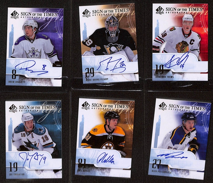 Lot of (6) 2008-09 SP Authentic Sign of the Times Autographs inc. Alex Pietrangelo, Phil Kessel, Joe Thornton, Jonathan Toews, Marc-Andre Fleury, Drew Doughty