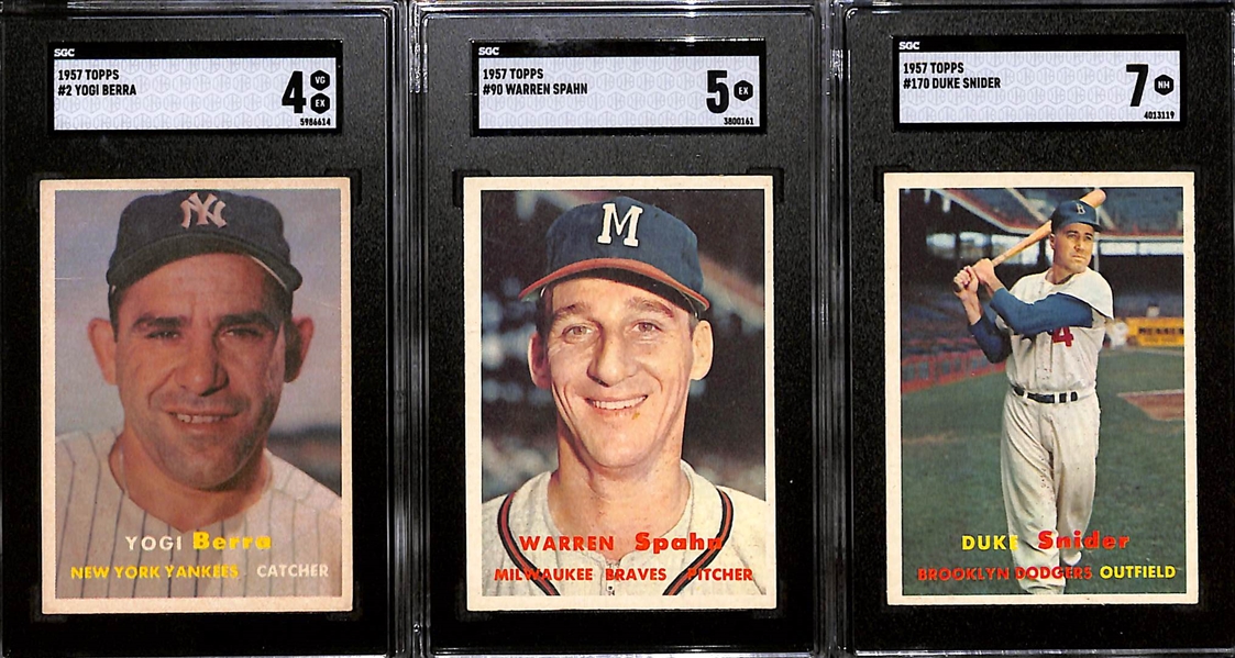 Lot of (3) SGC Graded 1957 Topps Baseball Cards Inc. #2 Yogi Berra (SGC 4), #90 Warren Spahn (SGC 5), and #170 Duke Snider (SGC 7)