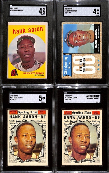 Lot of (4) SGC Graded Topps Hank Aaron Baseball Cards Inc. 1959 (SGC 4), 1961 All-Star (SGC 5), 1961 All-Star (SGC Auth), and 1968 All Star (SGC 4)