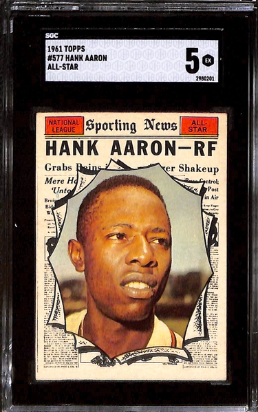 Lot of (4) SGC Graded Topps Hank Aaron Baseball Cards Inc. 1959 (SGC 4), 1961 All-Star (SGC 5), 1961 All-Star (SGC Auth), and 1968 All Star (SGC 4)