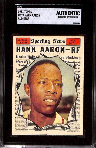 Lot of (4) SGC Graded Topps Hank Aaron Baseball Cards Inc. 1959 (SGC 4), 1961 All-Star (SGC 5), 1961 All-Star (SGC Auth), and 1968 All Star (SGC 4)