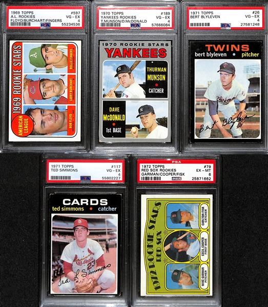 (5) PSA Graded Vintage Topps Baseball Hall of Fame Rookies- 1969 Rollie Fingers (PSA 4), 1870 Thurman Munson (PSA 4), 1971 Bert Blyleven (PSA 4), 1971 Ted Simmons (PSA 4), 1972 Carlton Fisk (PSA 6)