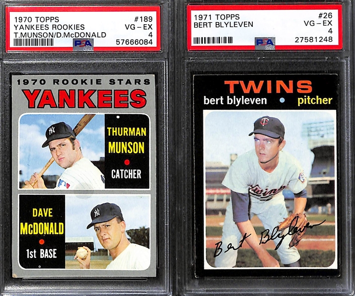 (5) PSA Graded Vintage Topps Baseball Hall of Fame Rookies- 1969 Rollie Fingers (PSA 4), 1870 Thurman Munson (PSA 4), 1971 Bert Blyleven (PSA 4), 1971 Ted Simmons (PSA 4), 1972 Carlton Fisk (PSA 6)