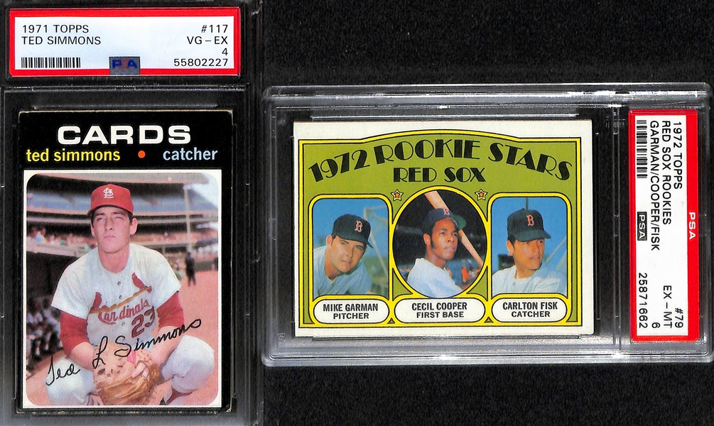 (5) PSA Graded Vintage Topps Baseball Hall of Fame Rookies- 1969 Rollie Fingers (PSA 4), 1870 Thurman Munson (PSA 4), 1971 Bert Blyleven (PSA 4), 1971 Ted Simmons (PSA 4), 1972 Carlton Fisk (PSA 6)