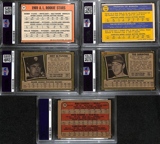 (5) PSA Graded Vintage Topps Baseball Hall of Fame Rookies- 1969 Rollie Fingers (PSA 4), 1870 Thurman Munson (PSA 4), 1971 Bert Blyleven (PSA 4), 1971 Ted Simmons (PSA 4), 1972 Carlton Fisk (PSA 6)