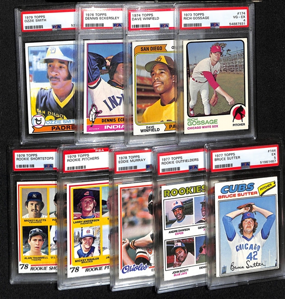 (9) PSA Graded 1970s Topps Baseball Hall of Fame Rookies- 1973 Rich Gossage (PSA 4), 1974 Dave Winfield (PSA 5), 1976 Dennis Eckersley (PSA 5), 1979 Ozzie Smith (PSA 5), +