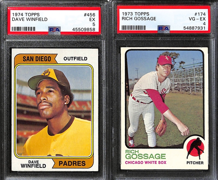 (9) PSA Graded 1970s Topps Baseball Hall of Fame Rookies- 1973 Rich Gossage (PSA 4), 1974 Dave Winfield (PSA 5), 1976 Dennis Eckersley (PSA 5), 1979 Ozzie Smith (PSA 5), +