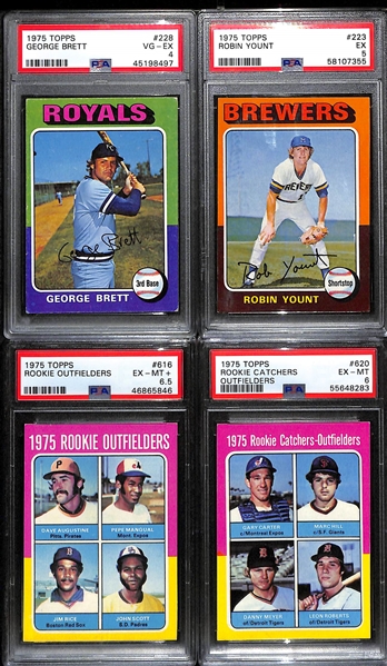 (4) PSA Graded 1975 Topps Baseball Hall of Fame Rookies- George Brett (PSA 4), Robin Yount (PSA 5), Jim Rice (PSA 6.5), Gary Carter (PSA 6)