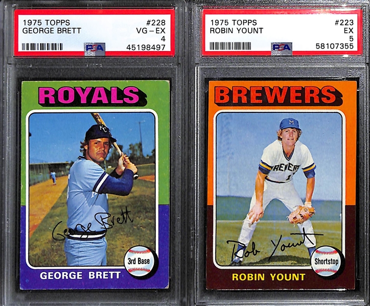 (4) PSA Graded 1975 Topps Baseball Hall of Fame Rookies- George Brett (PSA 4), Robin Yount (PSA 5), Jim Rice (PSA 6.5), Gary Carter (PSA 6)