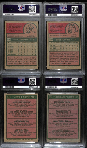 (4) PSA Graded 1975 Topps Baseball Hall of Fame Rookies- George Brett (PSA 4), Robin Yount (PSA 5), Jim Rice (PSA 6.5), Gary Carter (PSA 6)