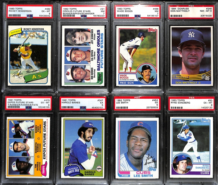 (8) PSA Graded Early 1980s Baseball Hall of Fame Rookies- 1980 Topps Rickey Henderson (PSA 6),  1982 Topps Cal Ripken (PSA 7), 1983 Topps Wade Boggs (PSA 7), 1984 Donruss Don Mattingly (PSA 8), +