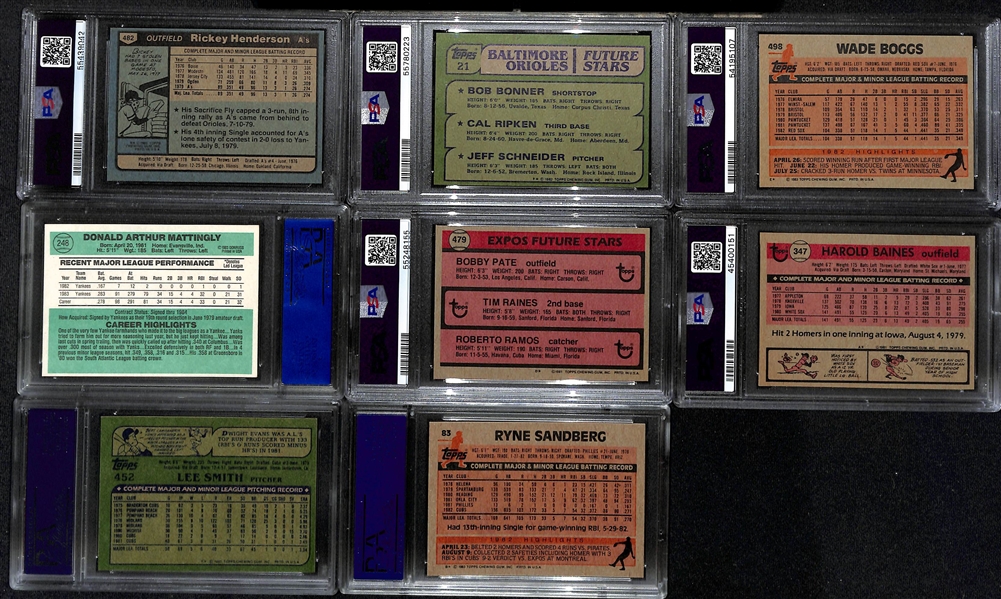 (8) PSA Graded Early 1980s Baseball Hall of Fame Rookies- 1980 Topps Rickey Henderson (PSA 6),  1982 Topps Cal Ripken (PSA 7), 1983 Topps Wade Boggs (PSA 7), 1984 Donruss Don Mattingly (PSA 8), +