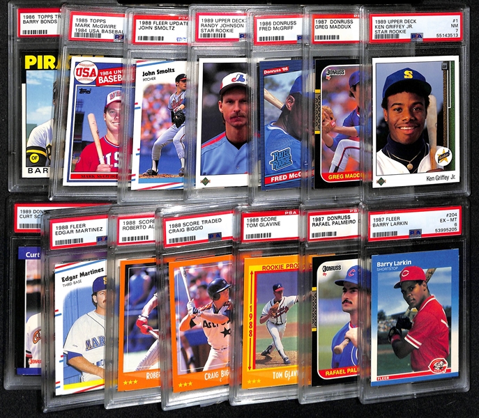 (14) PSA Graded Late 1980s Baseball Superstar and Hall of Fame Rookies- 1989 Upper Deck Ken Griffey Jr (PSA 7), 1987 Donruss Greg Maddux (PSA 8), 1986 Donruss Fred McGriff (PSA 8), 1989 Upper Deck...