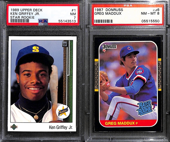 (14) PSA Graded Late 1980s Baseball Superstar and Hall of Fame Rookies- 1989 Upper Deck Ken Griffey Jr (PSA 7), 1987 Donruss Greg Maddux (PSA 8), 1986 Donruss Fred McGriff (PSA 8), 1989 Upper Deck...