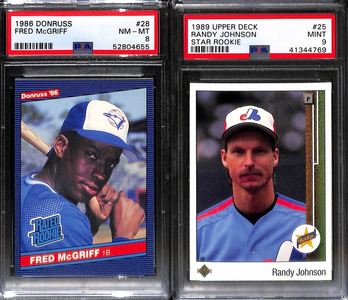 (14) PSA Graded Late 1980s Baseball Superstar and Hall of Fame Rookies- 1989 Upper Deck Ken Griffey Jr (PSA 7), 1987 Donruss Greg Maddux (PSA 8), 1986 Donruss Fred McGriff (PSA 8), 1989 Upper Deck...