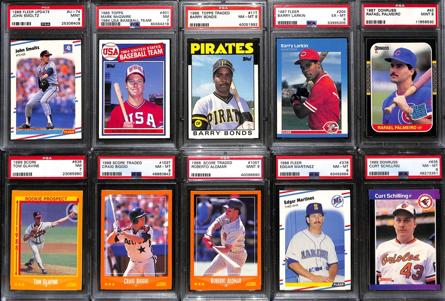 (14) PSA Graded Late 1980s Baseball Superstar and Hall of Fame Rookies- 1989 Upper Deck Ken Griffey Jr (PSA 7), 1987 Donruss Greg Maddux (PSA 8), 1986 Donruss Fred McGriff (PSA 8), 1989 Upper Deck...