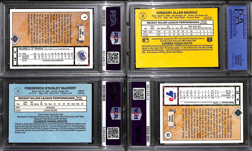 (14) PSA Graded Late 1980s Baseball Superstar and Hall of Fame Rookies- 1989 Upper Deck Ken Griffey Jr (PSA 7), 1987 Donruss Greg Maddux (PSA 8), 1986 Donruss Fred McGriff (PSA 8), 1989 Upper Deck...