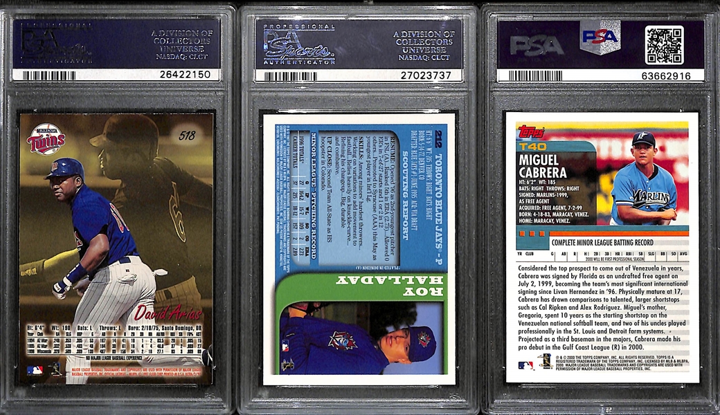 (3) PSA Graded Late 1990s Baseball Superstar and Hall of Fame Rookies- 1997 Fleer Ultra David Ortiz (PSA 8), 1997 Bowman Chrome Roy Halladay (PSA 8), 2000 Topps Traded Miguel Cabrera (PSA 8)