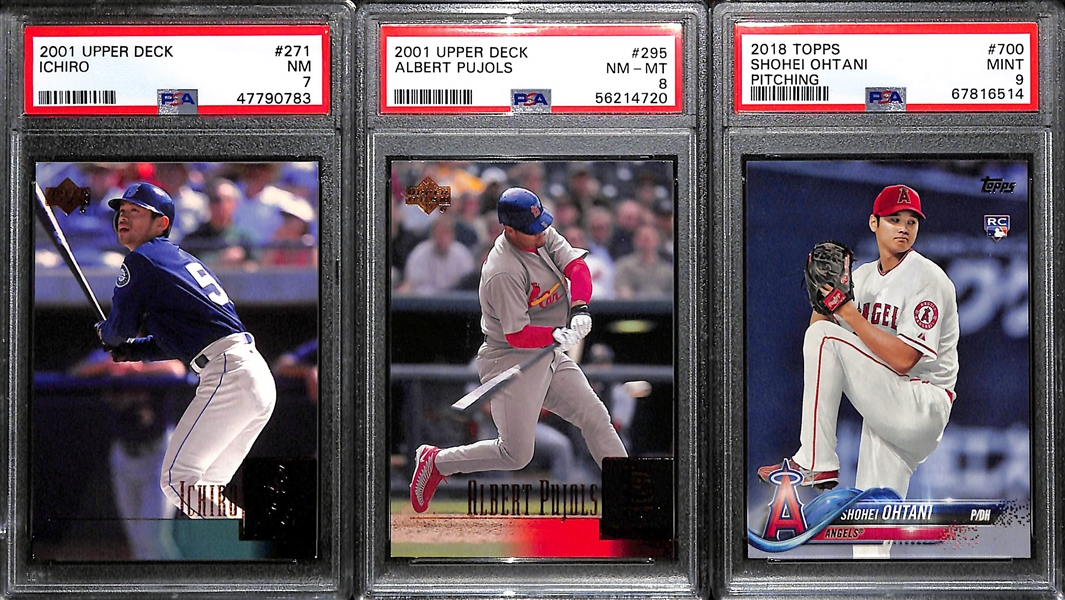 (3) PSA Graded Modern Baseball Superstar Rookie Cards- 2001 Upper Deck Ichiro (PSA 7), 2001 Upper Deck Albert Pujols (PSA 8), 2018 Topps Shohei Ohtani (PSA 9)