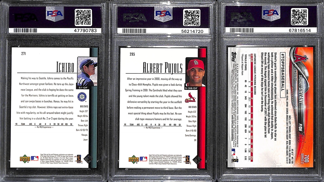 (3) PSA Graded Modern Baseball Superstar Rookie Cards- 2001 Upper Deck Ichiro (PSA 7), 2001 Upper Deck Albert Pujols (PSA 8), 2018 Topps Shohei Ohtani (PSA 9)