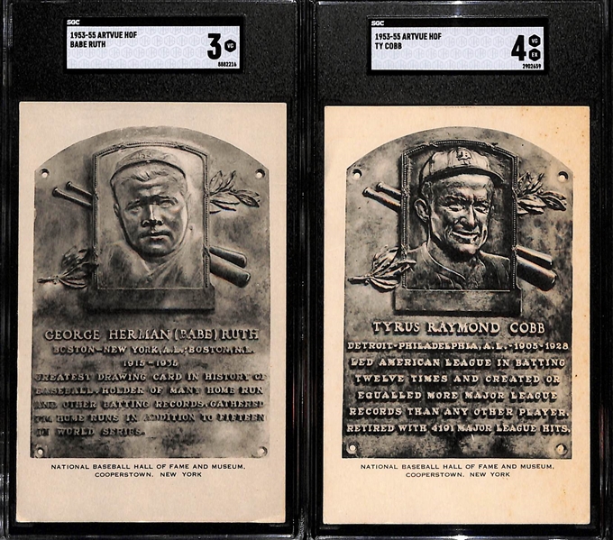 1953-55 Babe Ruth (SGC 3) & Ty Cobb (SGC 4) HOF Plaque Postcards