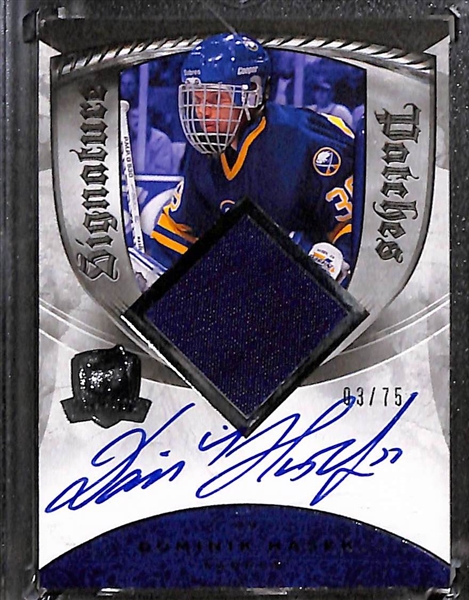 Lot of (3) Upper Deck The Cup Goalie Jumbo Jersey Patch Autographs inc  2008-09 Signature Patches Dominik Hasek (#/75), 2006-07 Scripted Swatches Jose Theodore (#/25), 2006-07 Limited Logos Tomos...