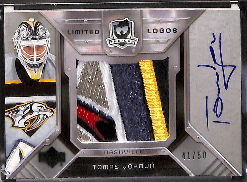 Lot of (3) Upper Deck The Cup Goalie Jumbo Jersey Patch Autographs inc  2008-09 Signature Patches Dominik Hasek (#/75), 2006-07 Scripted Swatches Jose Theodore (#/25), 2006-07 Limited Logos Tomos...