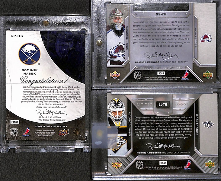 Lot of (3) Upper Deck The Cup Goalie Jumbo Jersey Patch Autographs inc  2008-09 Signature Patches Dominik Hasek (#/75), 2006-07 Scripted Swatches Jose Theodore (#/25), 2006-07 Limited Logos Tomos...