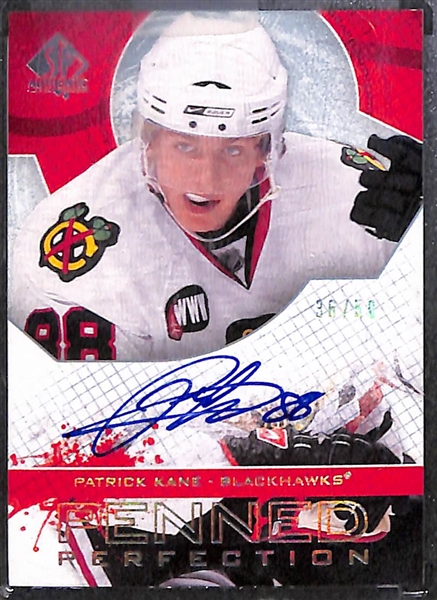 Lot of (4) Mid 2000s Hockey Autographs inc. 2008-09 SP Authentic Penned Perfection Patrick Kane (#/50), 2005-06 The Cup Limited Logos Markus Naslund Patch (#/25), 2007-08 The Cup Honorable Numbers...