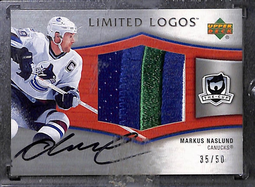 Lot of (4) Mid 2000s Hockey Autographs inc. 2008-09 SP Authentic Penned Perfection Patrick Kane (#/50), 2005-06 The Cup Limited Logos Markus Naslund Patch (#/25), 2007-08 The Cup Honorable Numbers...