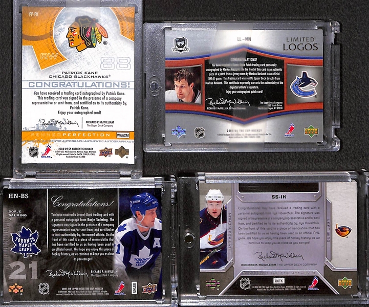 Lot of (4) Mid 2000s Hockey Autographs inc. 2008-09 SP Authentic Penned Perfection Patrick Kane (#/50), 2005-06 The Cup Limited Logos Markus Naslund Patch (#/25), 2007-08 The Cup Honorable Numbers...