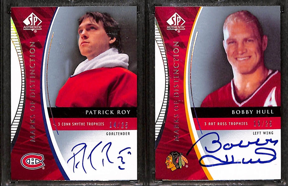 Lot of Patrick Roy and Bobby Hull 2008-09 SP Authentic Marks of Distinction Autograph e/ (#/25)