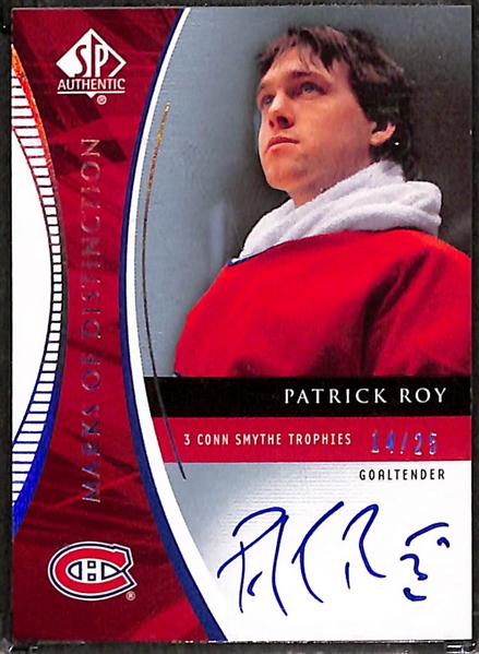 Lot of Patrick Roy and Bobby Hull 2008-09 SP Authentic Marks of Distinction Autograph e/ (#/25)