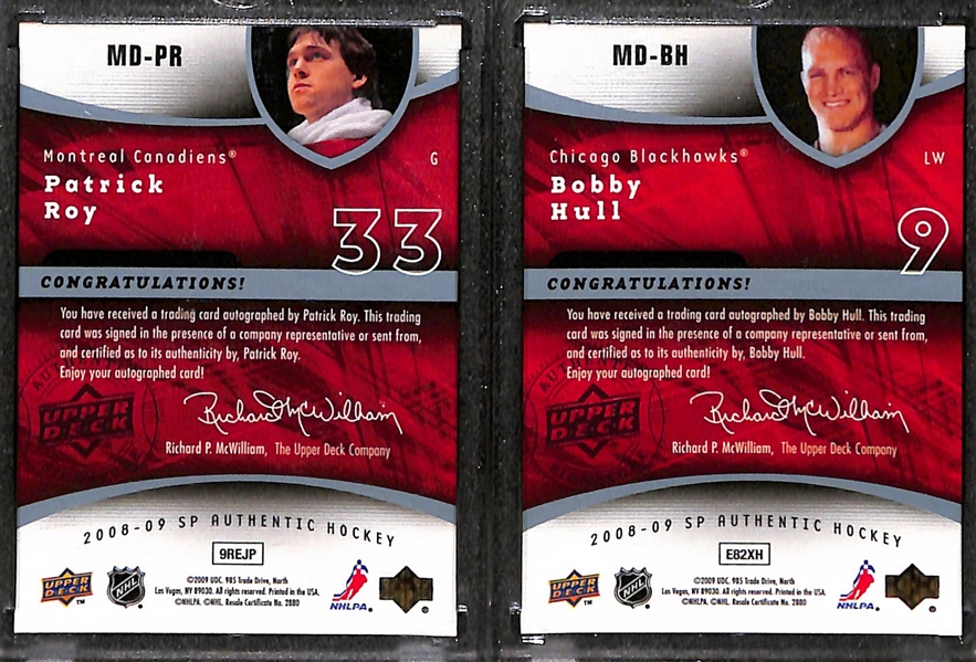 Lot of Patrick Roy and Bobby Hull 2008-09 SP Authentic Marks of Distinction Autograph e/ (#/25)