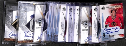 Lot of (15) Late 2000s Upper Deck Hockey Autographs inc. 2008-09 SP Authentic Sign of the Times Bobby Hull, 2009-10 SP Authentic Logan Couture Future Watch Rookie (#/999),  2007-08 The Cup Shane...